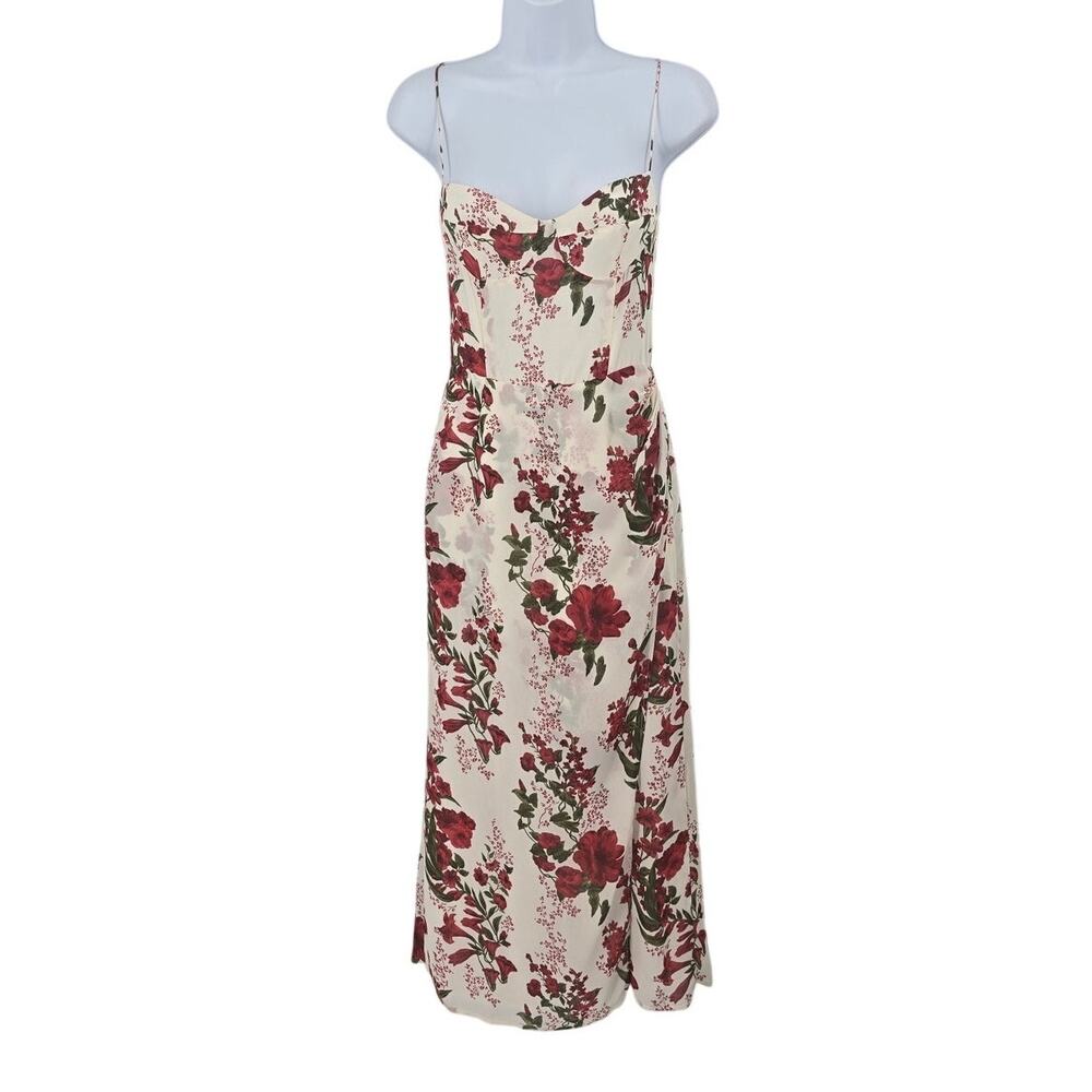 Reformation Red Rose Floral Georgette Smocked Back Midi Dress Faux Wrap Size 0